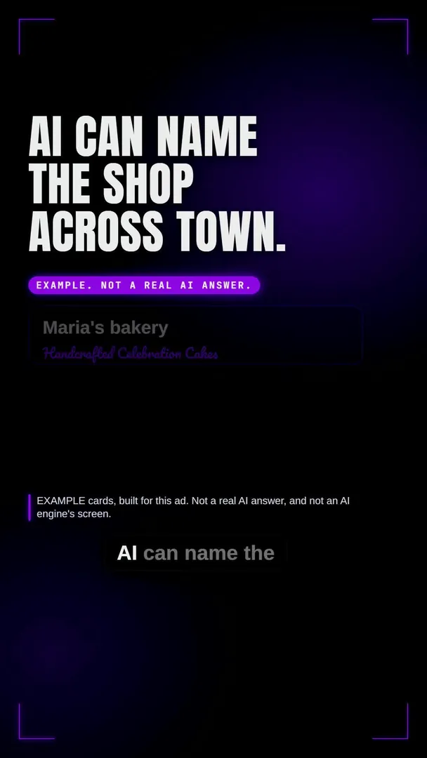 AI CAN NAME THE SHOP ACROSS TOWN, white type on black with a violet label, from the vertical ad Kitchen Table Words