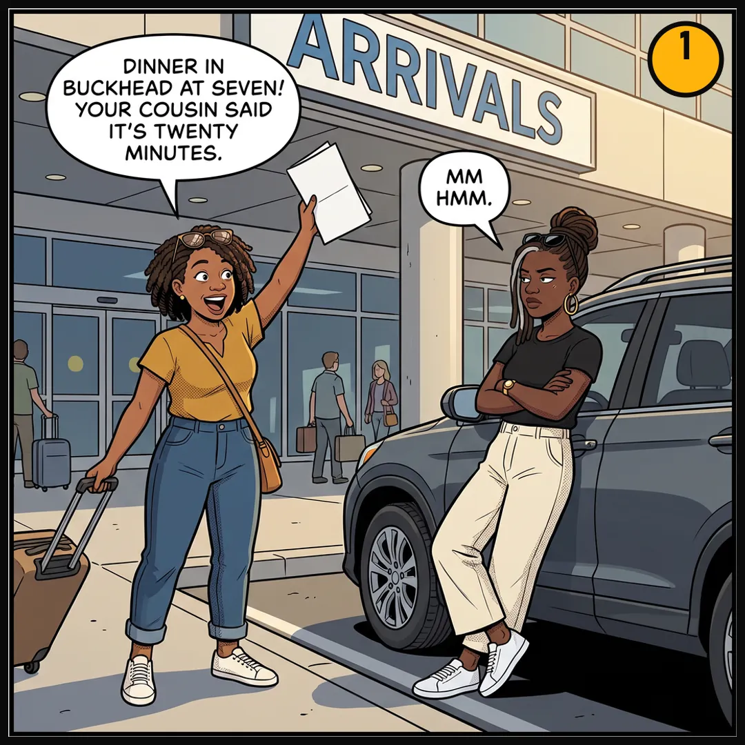 Panel 1: Denise picks up Tasha at Arrivals; Tasha says dinner in Buckhead is twenty minutes away
