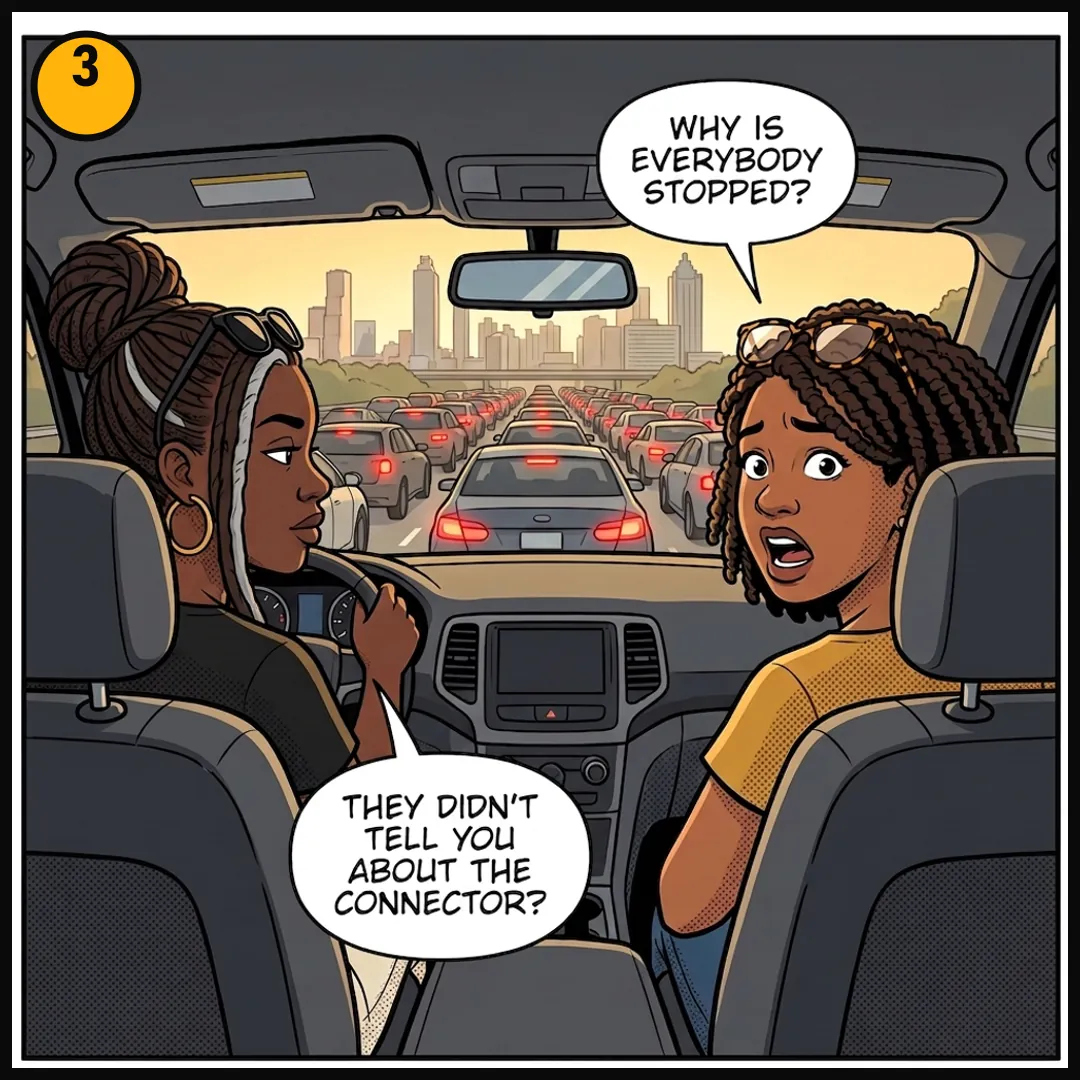 Panel 3: traffic stopped on the connector; Tasha asks why everybody stopped