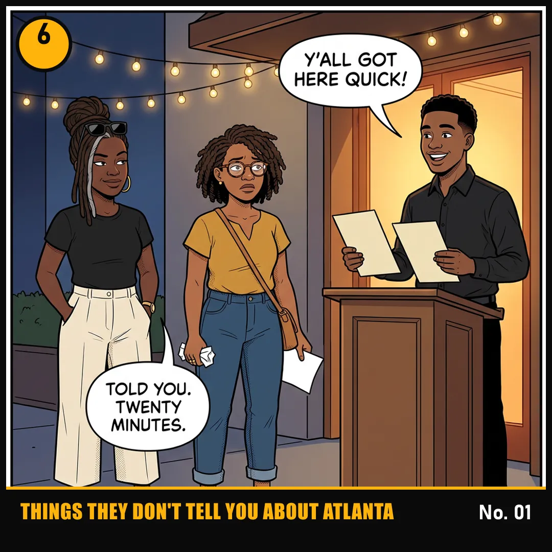 Panel 6: they reach the restaurant and the host says they got here quick