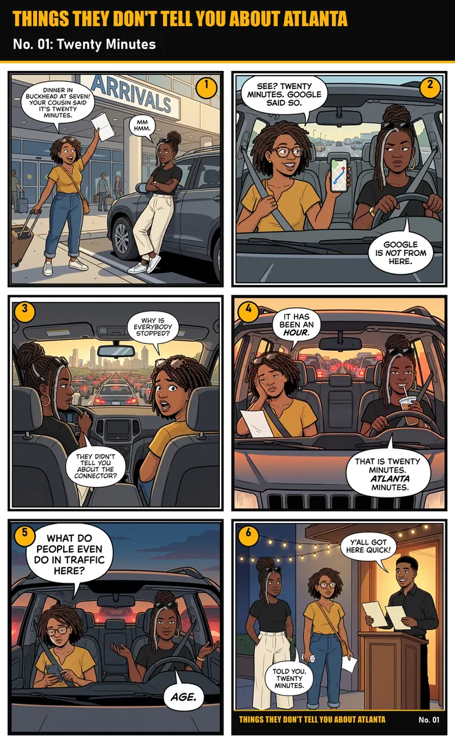 The full Twenty Minutes comic page: six panels of Denise and Tasha's drive from the airport, on one tall image