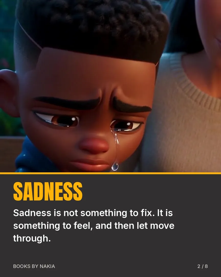 Sadness: a boy with a tear on his cheek, and one sentence about letting sadness be felt