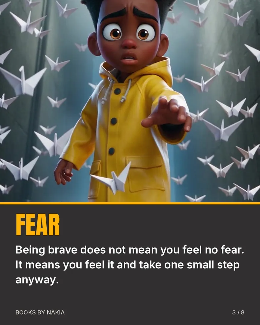Fear: a boy in a yellow raincoat among paper cranes, and one sentence about bravery