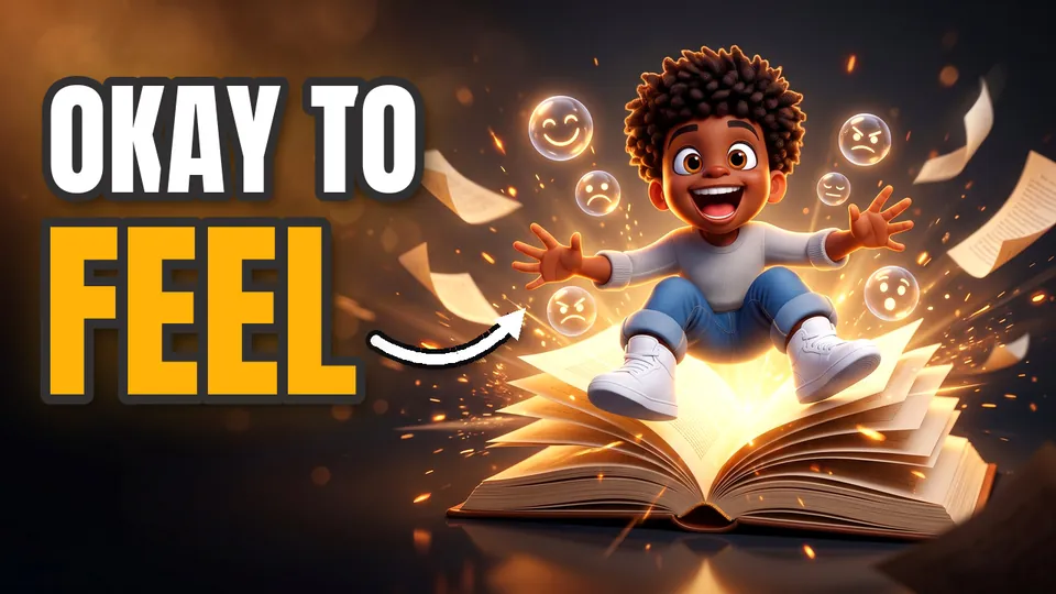 OKAY TO FEEL in white and amber, a joyful boy leaping out of an open glowing book