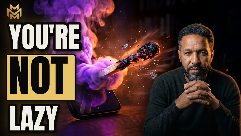 YOU'RE NOT LAZY in gold and bone type, a guitar bursting from a phone in purple smoke, and the host Eli on the right